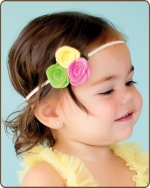 Felt Flowers Pink/Green/Yellow on Skinny Elastic